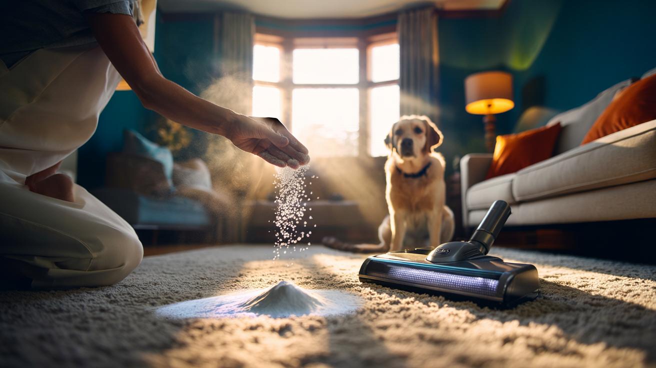Illustration of a pet owner sprinkling baking soda onto a carpet to deodorise pet odours before vacuuming