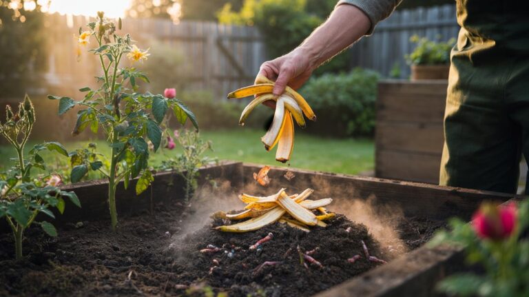 Illustration of banana peels being composted to enrich soil and support healthy flowering plants