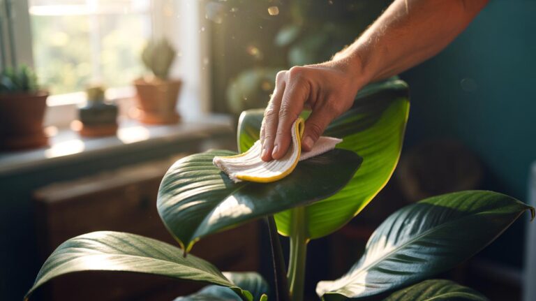 Illustration of a hand polishing a houseplant leaf with the inner side of a banana peel to create a natural shine