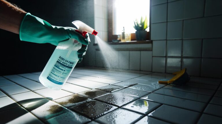 Illustration of a spray bottle applying a bleach-free natural cleaner to bathroom grout lines to kill mould and prevent regrowth