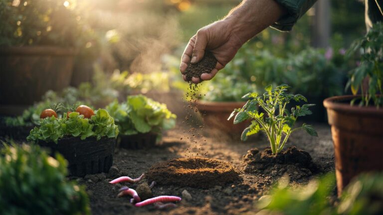 Illustration of boiled coffee grounds being mixed into garden soil to enrich nutrients naturally