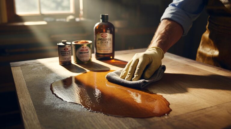 Illustration of a boiled flaxseed oil rinse being applied to dull wood to restore a natural sheen