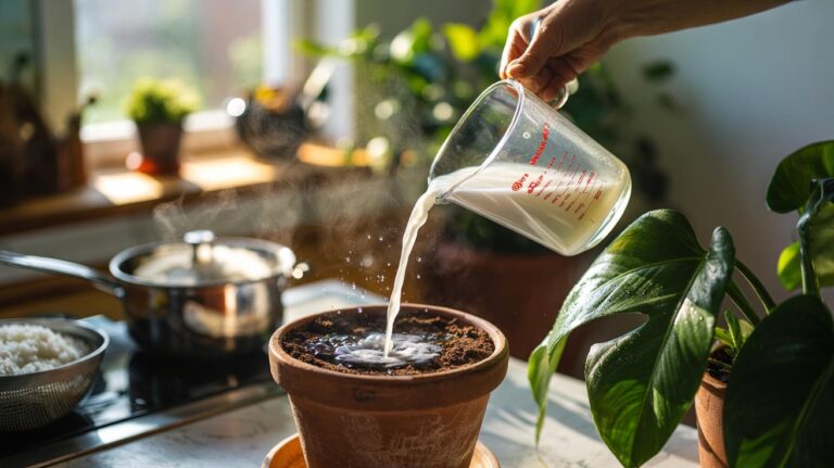 Illustration of boiled rice water being poured onto potted houseplants to nourish foliage with leftover starch