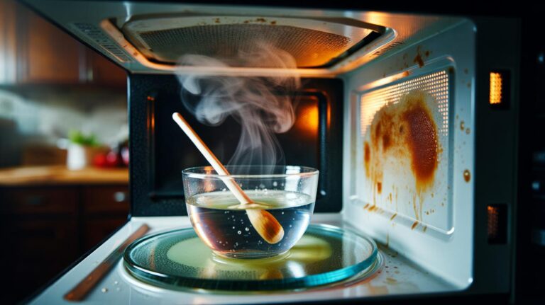 Illustration of a microwave interior with a steaming bowl of vinegar and water, condensation softening baked-on food residue