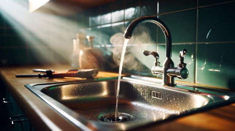 Illustration of boiling water being poured from a kettle into a kitchen sink drain to clear a blockage safely