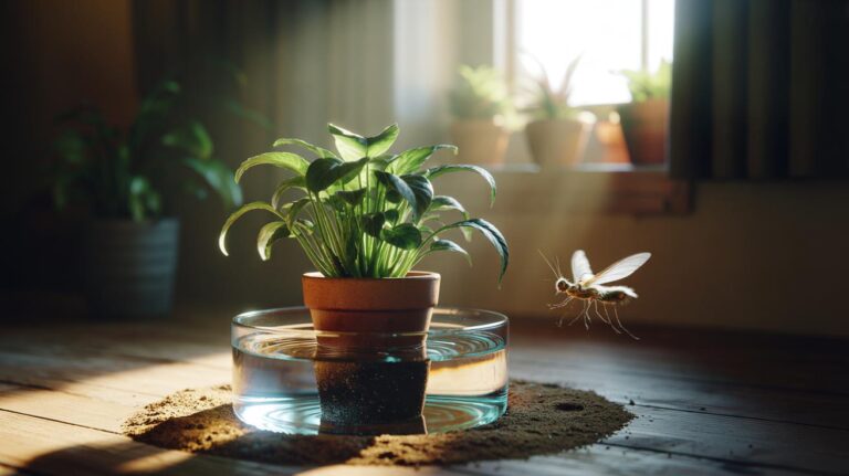 Illustration of a houseplant pot set in a shallow tray of water for bottom-watering, showing a dry topsoil layer that deters fungus gnats