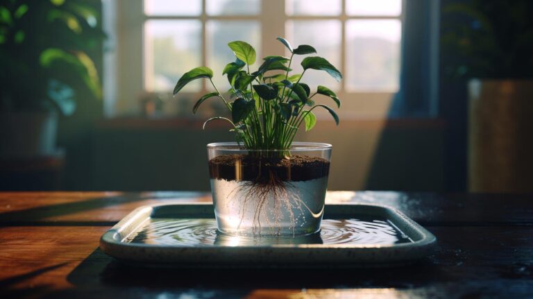 Illustration of a potted houseplant absorbing water from a tray below to prevent root rot