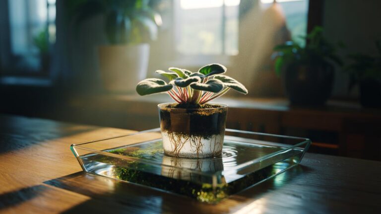 Illustration of a potted houseplant placed in a shallow tray of water for bottom watering