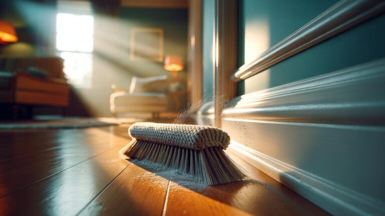 Illustration of a broom with a sock-covered head cleaning skirting boards using static fibres to attract dust