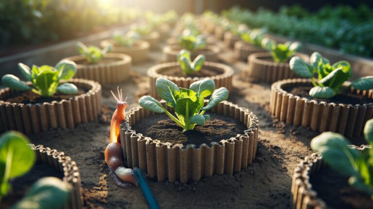 Illustration of cardboard collars placed around seedlings to prevent slugs, snails, and cutworms from chewing leaves