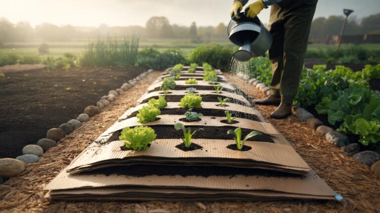 Illustration of a no-dig garden bed with overlapping cardboard sheets topped with peat-free compost and mulch, suppressing weeds and ready for planting