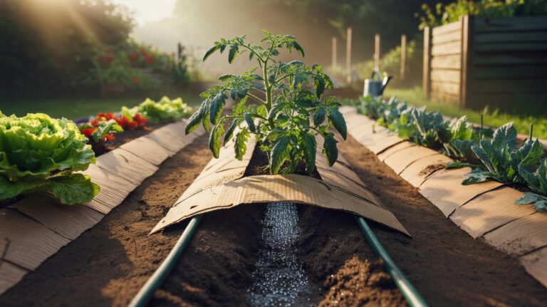 Illustration of a single layer of cardboard mulch laid around garden plants to retain soil moisture and suppress weeds in summer