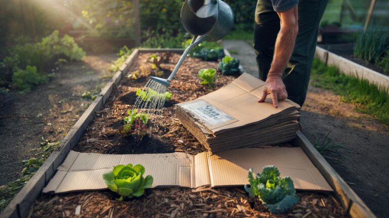 Illustration of cardboard mulch laid over a garden bed, overlapped sheets topped with compost to suppress weeds