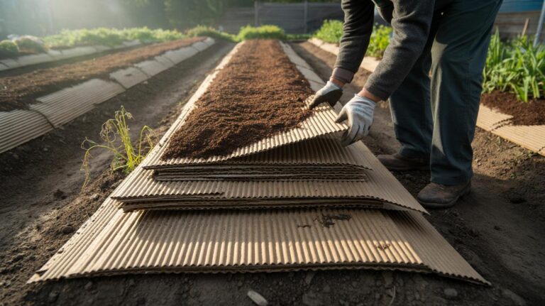 Illustration of layered corrugated cardboard overlapped on a garden bed and covered with mulch to block light and suppress weeds