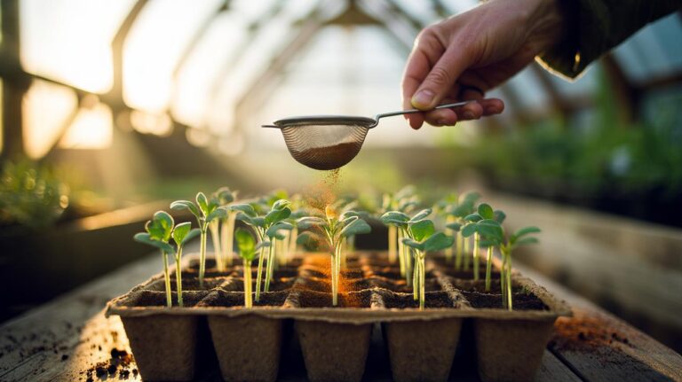Illustration of cinnamon dust being lightly sprinkled over seedling trays to prevent mould and rot