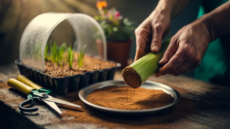 Illustration of a plant cutting being dipped in ground cinnamon before planting in a well-draining propagation mix to prevent rot