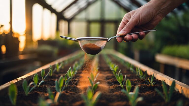 Illustration of a gardener lightly dusting ground cinnamon onto the soil surface around young seedlings to prevent damping-off fungus