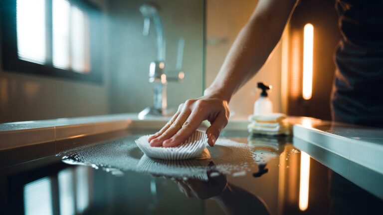 Illustration of a hand using a coffee filter to polish a bathroom mirror for a streak-free finish