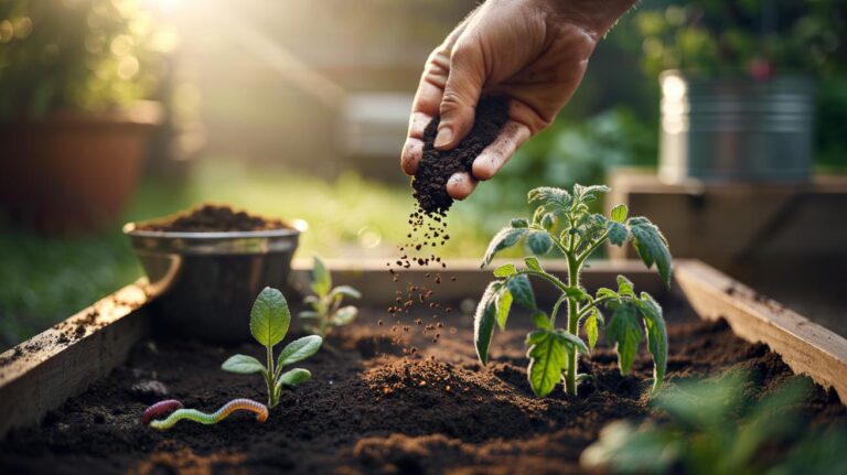 Illustration of used coffee grounds being mixed into garden soil as natural plant food