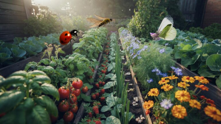 Illustration of companion planting deterring pests through smart pairings, including carrots with onions, tomatoes with basil and marigolds, and brassicas with nasturtiums, in a UK garden