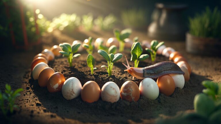 Illustration of crushed eggshells forming a barrier around young seedlings to deter slugs without chemicals