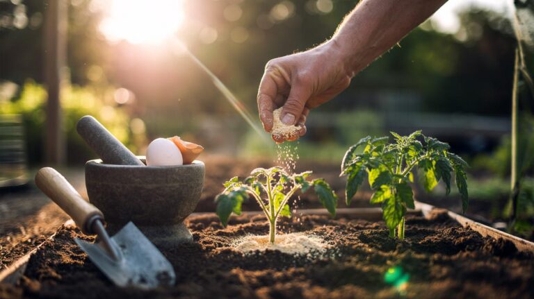 Illustration of crushed eggshells being finely ground and worked into garden soil around young seedlings to provide calcium for stronger growth