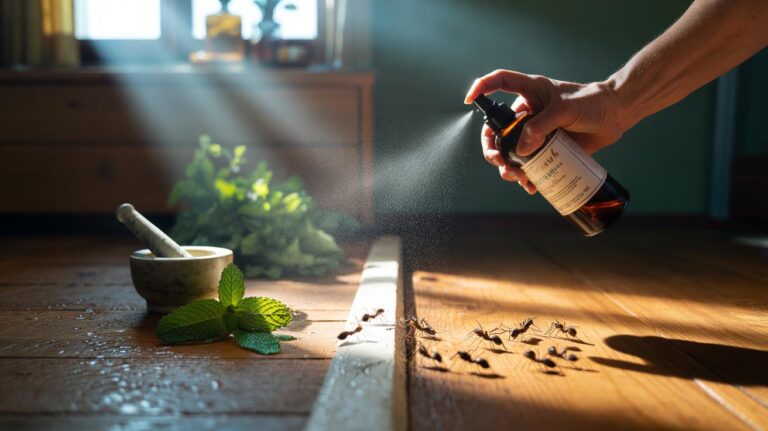 Illustration of a crushed mint spray being applied along a doorway threshold to deter ants using natural oils