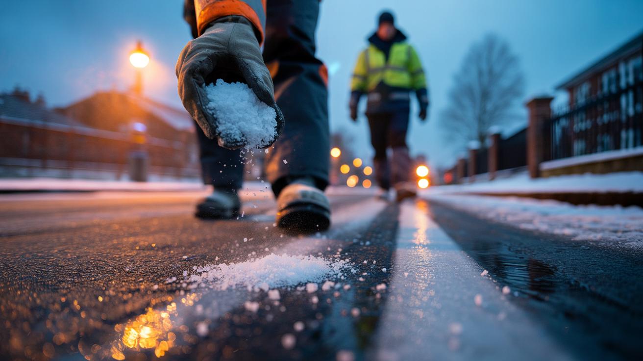 Illustration of coarse crushed rock salt being spread on an icy path to melt ice and increase safety