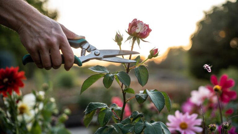 Illustration of a gardener using clean secateurs to remove spent rose blooms, demonstrating deadheading to encourage new flowers