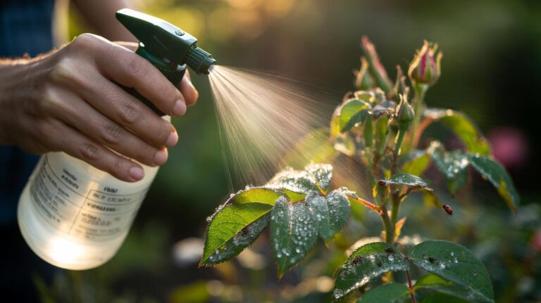 Illustration of diluted vinegar spray being applied to plant leaves to repel pests through safe acidity