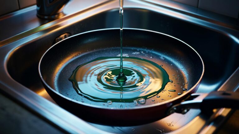 Illustration of a single drop of washing-up liquid breaking down grease on a frying pan as water spreads and light suds lift the oil