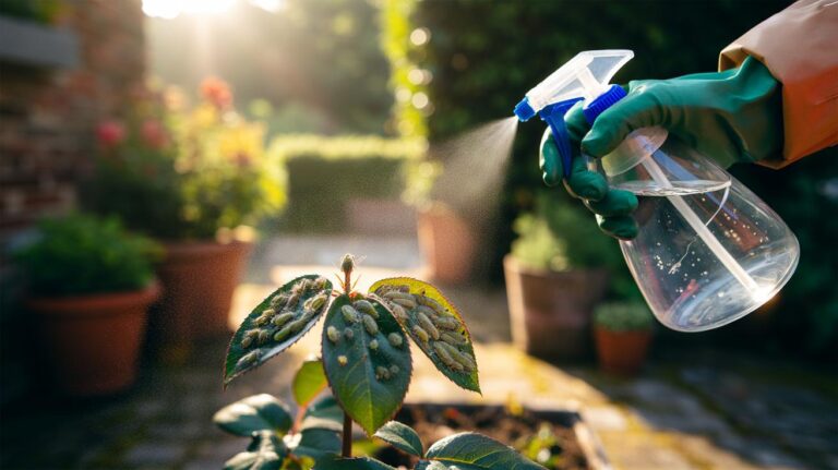 Illustration of diluted dish soap spray being applied to aphids on the undersides of garden plant leaves