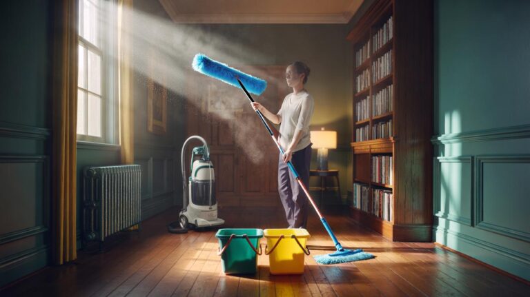 Illustration of dusting high surfaces before mopping the floor