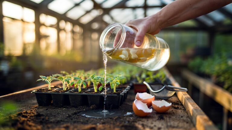 Illustration of [eggshell tea brewed from crushed eggshells being used to water young seedlings to provide a gentle calcium boost]