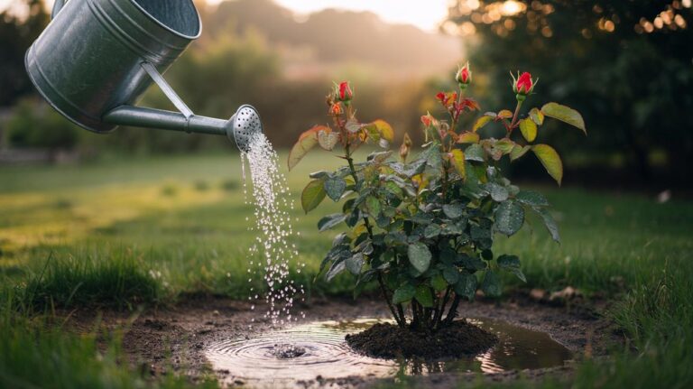 Illustration of Epsom salt (magnesium sulfate) being applied as a soil drench to a tired rose bush