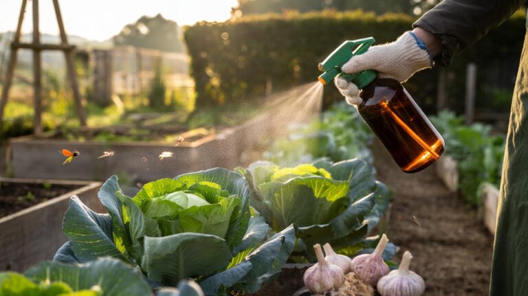 Illustration of a gardener spraying garlic-infused solution on leafy vegetables to repel garden pests without chemicals