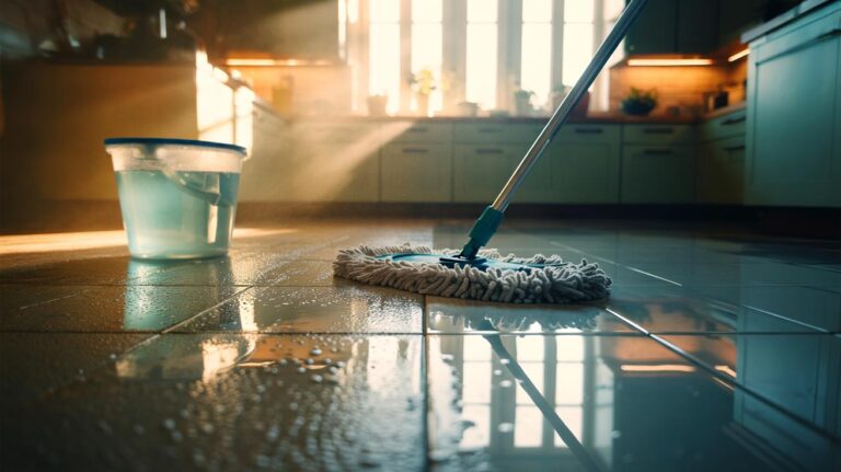 Illustration of a microfibre mop using a diluted vinegar solution on a hard tile floor, dissolving alkaline residue to restore a streak-free shine