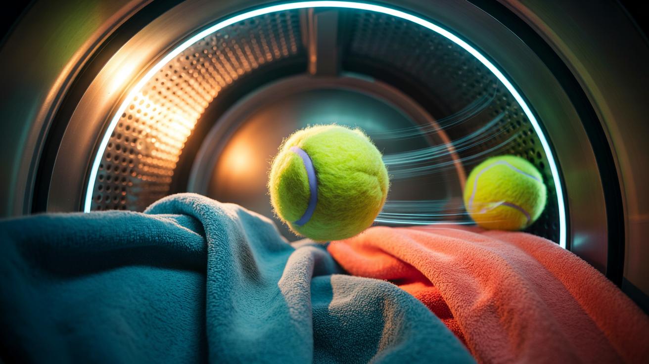 Illustration of a tennis ball tumbling with towels inside a tumble dryer to soften laundry naturally by reducing stiffness