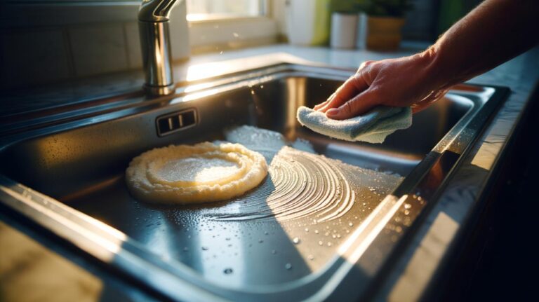 Illustration of a stainless steel sink being cleaned with baking soda paste using a microfibre cloth, highlighting gentle abrasion that removes stains without scratching