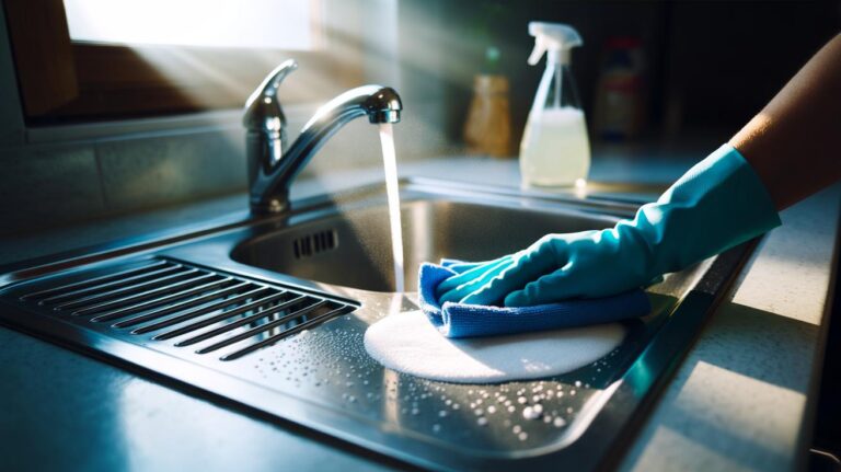 Illustration of baking soda being used to restore shine to a dull stainless steel kitchen sink, with a microfibre cloth gently polishing the surface through gentle abrasive action.