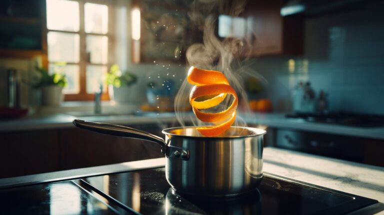 Illustration of a saucepan simmering orange peels on a hob, with steam rising in a kitchen