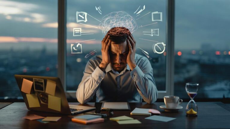 Illustration of brain fatigue and mental load slowing decision-making and fuelling procrastination