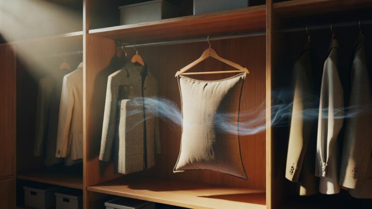 Illustration of activated charcoal bags hanging inside a wardrobe to adsorb moisture and odours