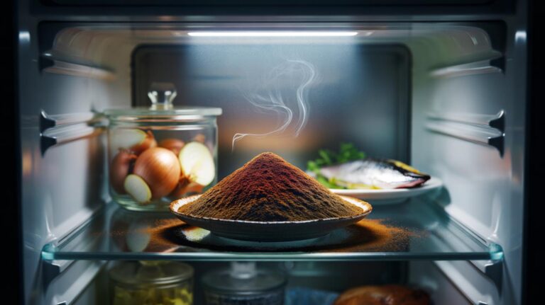 Illustration of a shallow dish of dried coffee grounds placed on a refrigerator shelf to neutralise lingering odours via nitrogen-rich adsorption