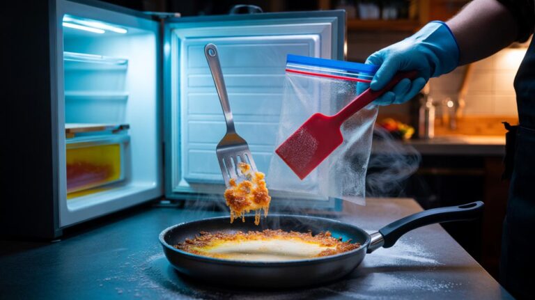 Illustration of kitchen utensils being frozen to loosen hardened, stuck-on food residue