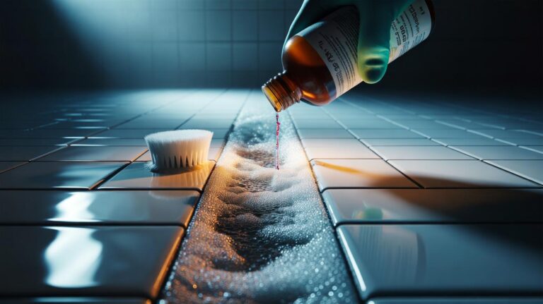 Illustration of hydrogen peroxide foaming on tile grout as a nylon brush lifts stains