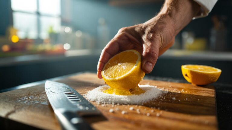 Illustration of lemon slices used to clean a wooden cutting board naturally with citric acid.