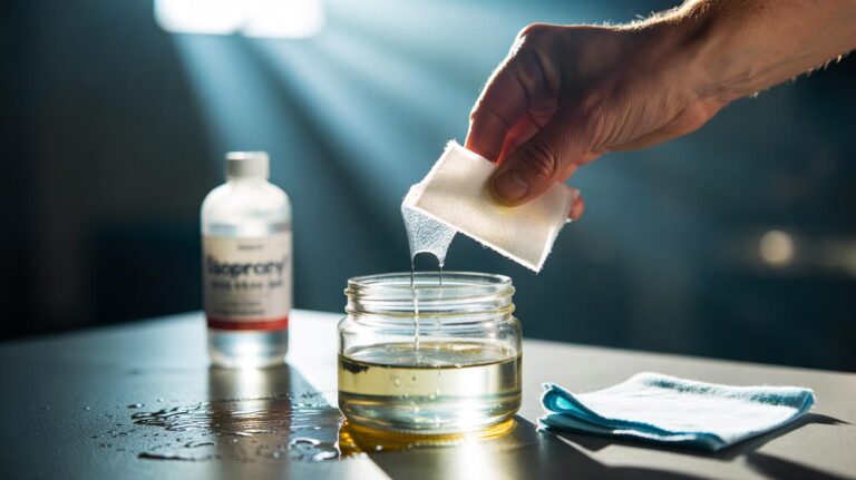 Illustration of rubbing alcohol applied with a cotton pad to dissolve adhesive while removing a sticky label from a glass jar