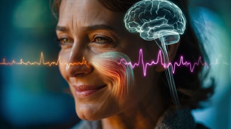 Illustration of [a smiling person with highlighted zygomaticus major and orbicularis oculi micro-muscles sending calming signals to the brain to reduce stress]