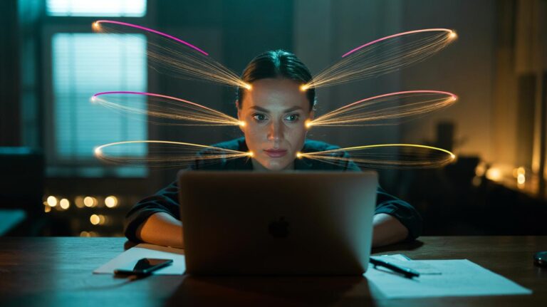 Illustration of the Zeigarnik effect, with a brain preoccupied by unfinished tasks and open loops that disrupt focus